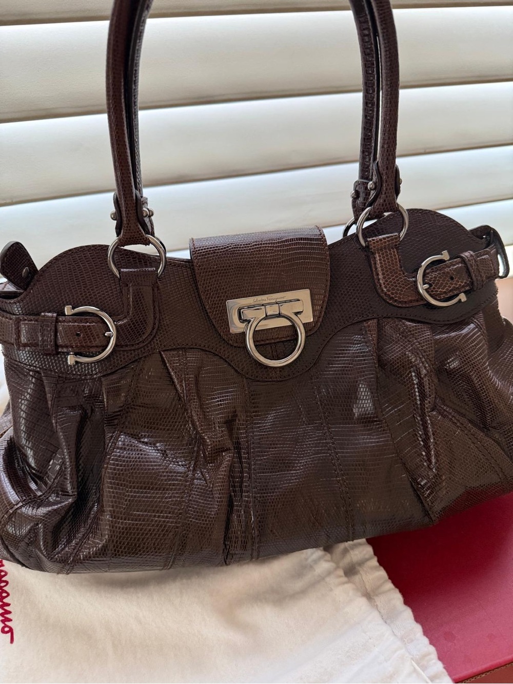 Ferragamo Brown crocodile embossed Leather Satchel Handbag